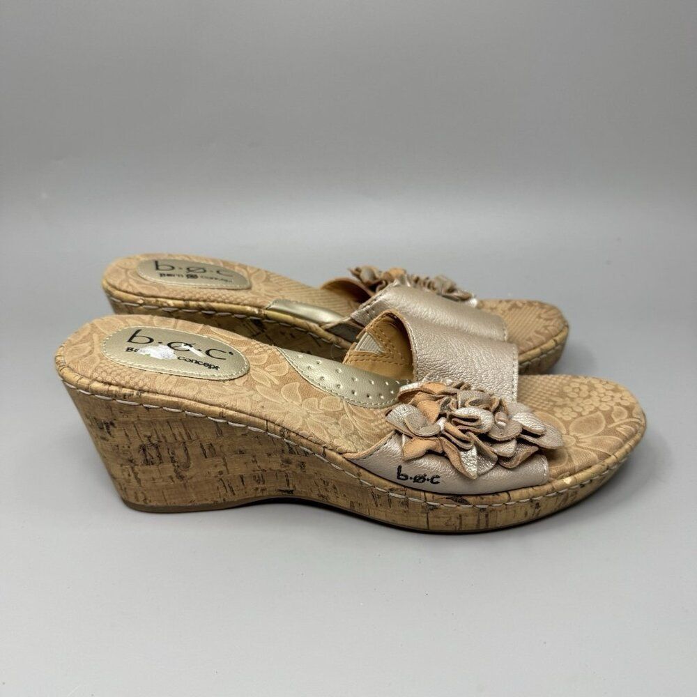 BOC Born Concept Slide Sandals Sz 7M Metallic Tan Cork Wedge